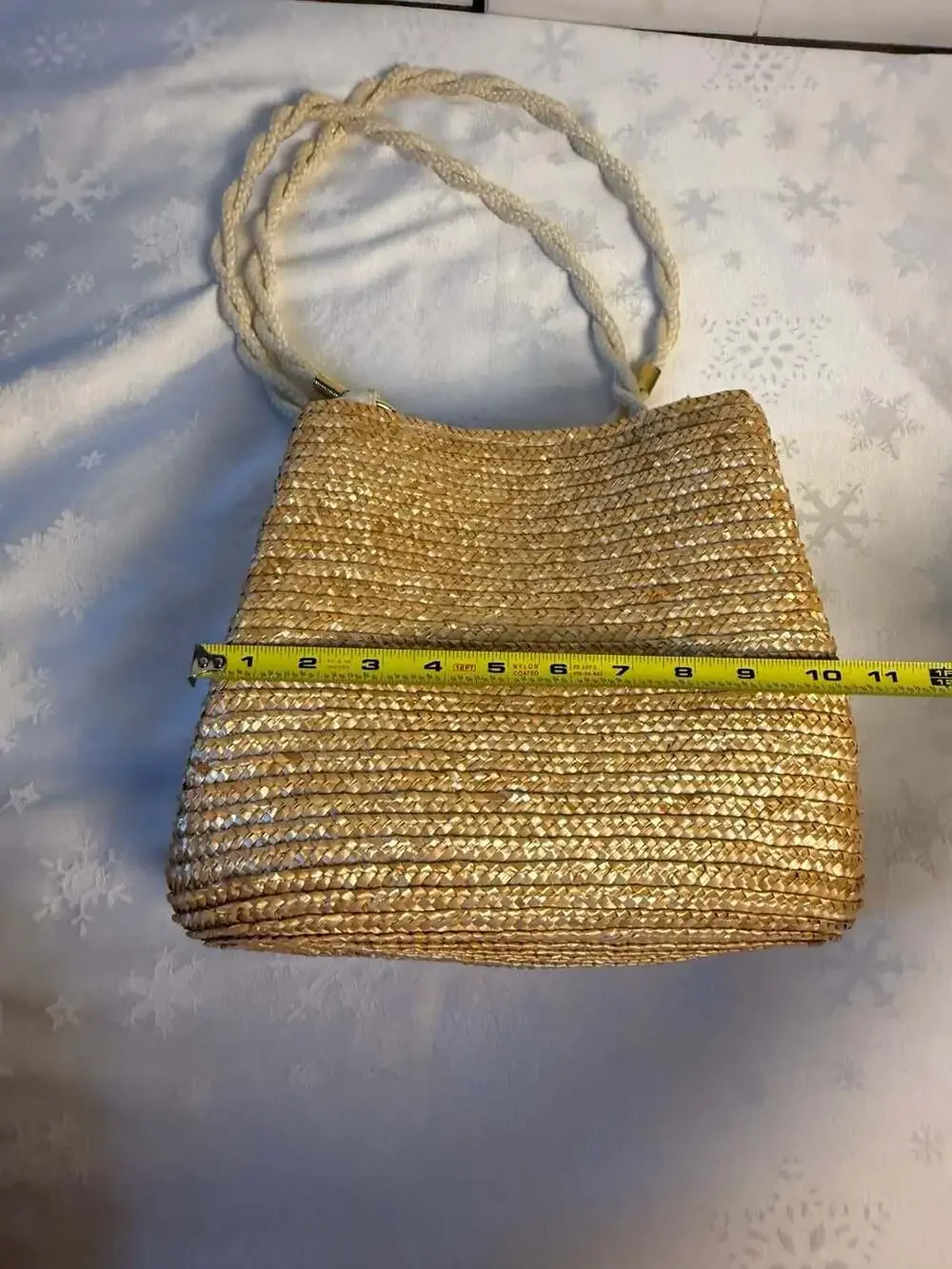 Vintage Gold Metallic Woven Straw Shoulder Bag Rope Handles Boho Resort Purse
